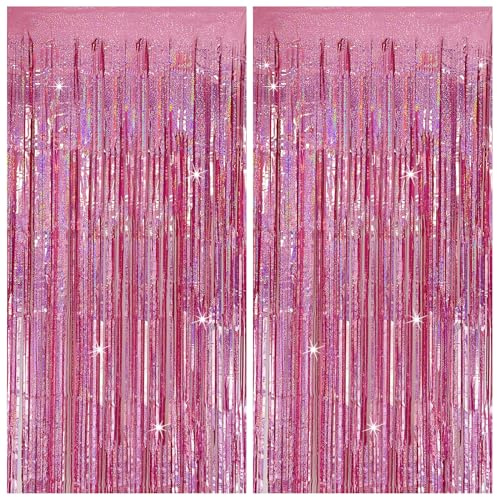 Tinsel Curtain Pink Birthday Party Decorations 2 Packs Glitter Foil Fringe Curtain Decor Streamers Photo Booth for Birthday Christmas Wedding Halloween Graduation