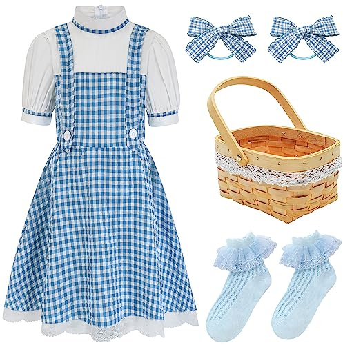 HMPRT Halloween Costume for Girls,Kids 2025 Book Storybook Character Costumes Dress Basket Blue Socks Hair Bows 4