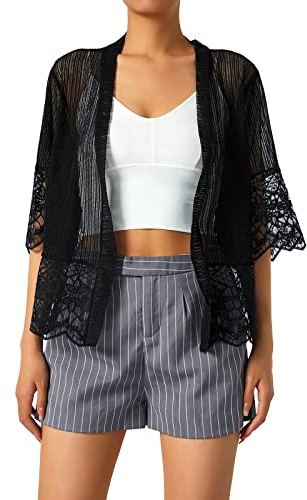 Edhomenn Women Sheer Shrug Cardigan Short Sleeve Solid Color Lace Patchwork Lightweight Knit Shrugs Ladies Bolero Cardigans (Black, L)