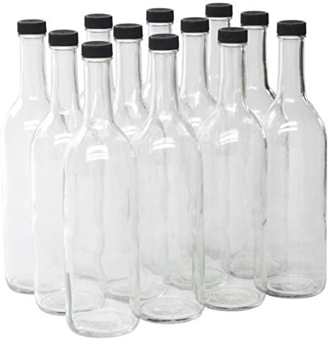 North Mountain Supply 750ml Clear Glass Bordeaux Wine Bottle Flat-Bottomed Screw-Top Finish - with 28mm Black Plastic Lids - Case of 12