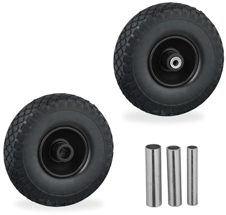 Relaxdays 2 Ruedas de Carro Macizas, 3.00-4, Completas con Llantas de Acero, 3 Adaptadores, Recambios, Negro, Caucho