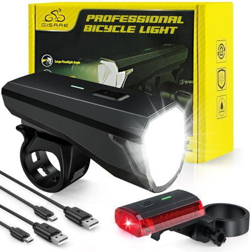 Gisaae Fahrradlicht, USB Wiederaufladbare Fahrradlicht Set, Fahrradlicht Vorne mit 1700mah Lithium-Batterie, IPX4 wasserdichte Fahrrad Lichter Led Set, Fahrradbeleuchtung für Nachtfahrten