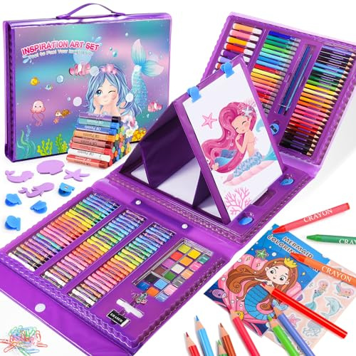 HappyGoLucky Regalo Bambina 3 4 5 6 7 8 9 10 anni, Sirene Valigetta Colori per Bambini Matite Colorate Pastelli a Cera Acquerelli Giochi Bambina 4 5 6 7 8 9 10 anni Kit Disegno Colori per Bambini