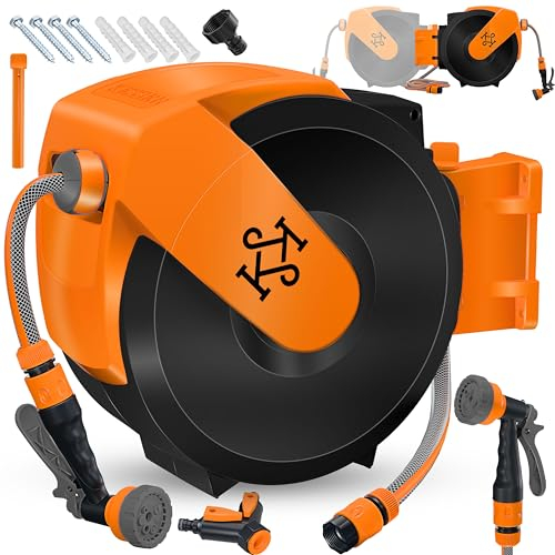 KESSER® Schlauchtrommel mit Gartenschlauch 35m | Wasserschlauchtrommel zur Wandmontage | Wandhalterung | 180° schwenkbar & automatische Aufrollung | Wand-Schlauchbox inkl. 7-Funktionen Handbrause