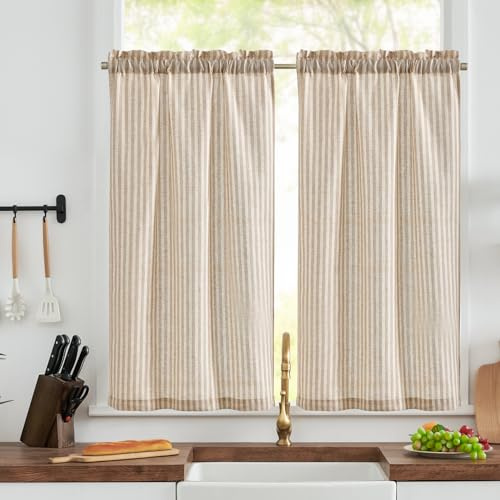 TOPICK Kitchen Curtains, Striped Cafe Curtains, W26 xL45 Taupe 2 Panels | Rod Pocket Linen Look Curtains, Light Filtering Privacy Drapes for Bathroom, Bedroom, Sink, Basement, Caravan, Cupboard