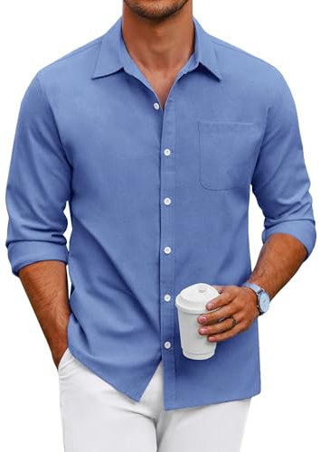COOFANDY Hemd Herren Langarm Freizeithemd Regular Fit Oxford Hemd Business Oberhemd Button Down Hemden mit Brusttasche Einfarbig Azurblau L