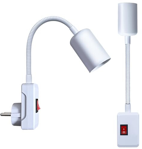 2 Piezas Lampara Enchufe Pared con Interruptor y Enchufe, Rotación de 360° Brazo Flexible Extensión Adaptador de Enchufe E26 E27 Portalámparas de Extensión para Iluminación Interior (Sin Bombillas)