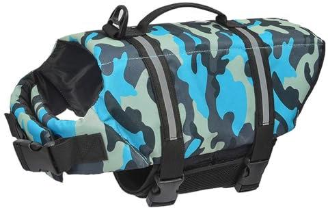 FANSU 2025 Hundeschwimmweste, Hunde Schwimmweste mit Rettungsgriff Rettungsweste für Hunde Verstellbare Größe zum Schwimmen, Bootfahren, Surfen (S,Blauer Tarnanstrich)
