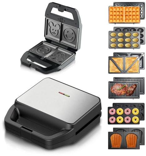Macchina Per La Colazione 7 in 1 - Con 7 Piastre Antiaderenti Rimovibili, Riscaldamento Bifacciale, Preparazione Di 6 Ciambelle, Compatta E Portatile - Adatta Per Casa, Dormitorio, Ufficio ,Black