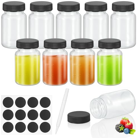 Botellas de chupito pequeñas de vidrio con tapas, paquete de 10 mini botellas de vidrio de 60 ml, botella de jengibre reutilizable con etiquetas, ideal para jugo, aceites, salsas, especias, poción