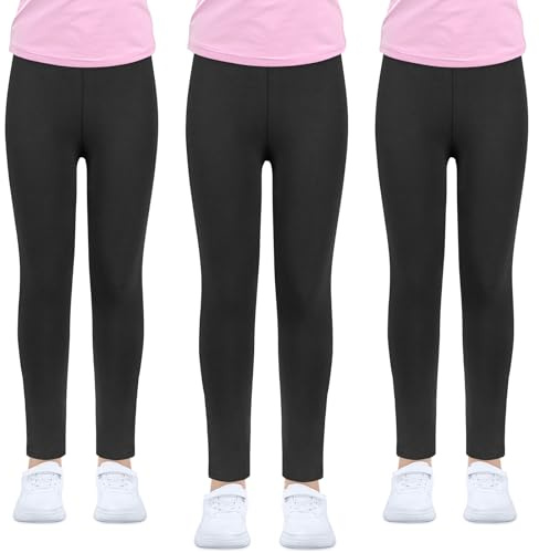 Pack de 3 leggings para niña, color negro y blanco de cintura alta largos suaves elásticos pantalones deportivos básicos opacos danza yoga uso diario (FR/ES, Edad, 10 años, 11 años, Regular, Negro)