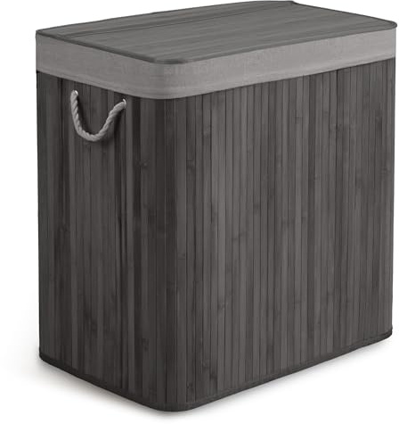 Massido tvättkorg 3 fack 150 l – med lock och tvättpåse – tvättkorg av bambu – tvättsorterare – grå – 61 x 62 x 42 cm