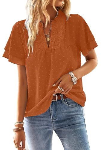 TUUHAW Women Tops Summer V Neck Short Sleeve Ruffle Shirts Casual Crochet | Cute Elegant Blouses, Flowy Lace Hem Boho Clothing, Plain Loose Peasant Tunic Tops, Smocked Business Top, for Daily Wear
