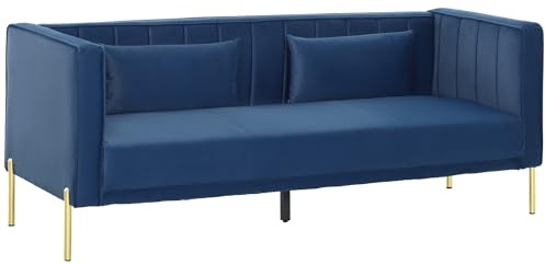 HOMCOM Sofá de 3 Plazas con Tapizado en Terciopelo de 194,5 cm Sofá de Salón para Sala de Estar con 2 Cojines Reposabrazos y Patas Doradas Azul Marino