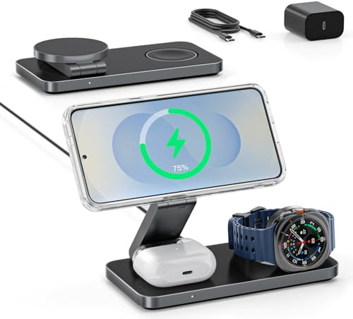 Stazione di Ricarica 3 in 1 per Samsung, Caricatore Wireless Pieghevole per Galaxy S26/S25/S24/S23/Z Fold/Flip Series, Galaxy Watch Ultra/8/7/6/5, Galaxy Buds Pro/3/2, Incl. Adattatore 20W-Nero