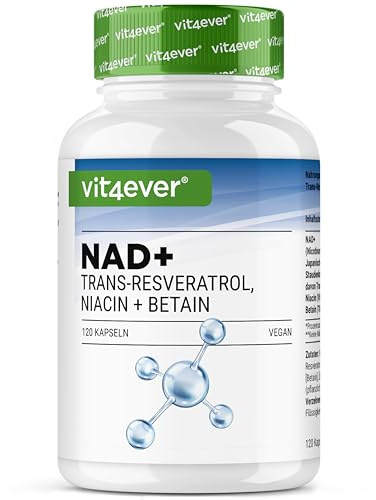 vit4ever Capsule NAD+ - 500 mg di NAD+ (Nicotinamide Adenina Dinucleotide) + 250 mg di Trans-Resveratrolo 98% + 150 mg di Niacina + 100 mg di Betaina (TMG) - 120 Capsule Vegane - Scorta per 60 Giorni