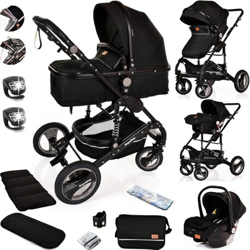 3 in 1 Travel System Baby Pram Buggy with Car Seat Pushchair Carriage Child Lightweight Folding Stroller for Newborns Toddlers from Birth up to 22kg NEW 2025 Style (BB2 - Black - Black, BB2)