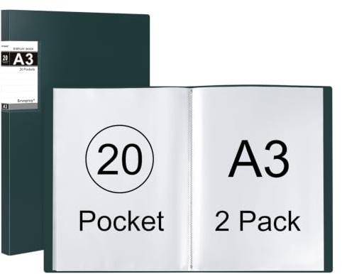Srvnpioy 2-pack A3 displaybok med 20 fickor, 25 mm ryggrad, PP, grön