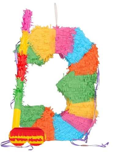 Fax Potato Number 3 Pop-Out Piñata with Stick & Blindfold - Rainbow Stick - Fillable Colorful Rainbow Pinata Lightweight Cardboard Party Decoration Pack Game Set for Birthdays, Anniversary