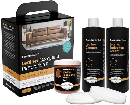 Furniture Clinic Leather Complete Restoration Kit (Tan) - Contains Leather Recolouring Balm, Protection Cream, Cleaner, Sponge and Applicator - Restore and Repair Sofas, Chairs, Car Seats and More