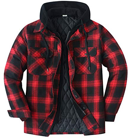 ZENTHACE Skjortjacka för män, tjock flanellskjorta med rutigt mönster, vadderad jacka med huva, fodrad skjortjacka med dragkedja och knappar, Röd, XL
