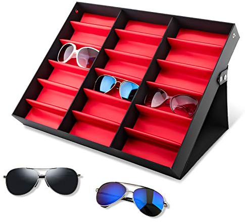 Greensen Espositore per occhiali, scatola portaoggetti per occhiali da sole 18 griglie, organizer per occhiali da vista, custodia per occhiali con protezione antipolvere, vetrina per occhiali