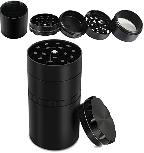 Herb Grinder with Pollen Catcher Large Grinder Upgraded Addition Big Storage Room 2 Inch 5 Piece Grinder Sharp Blade Teeth Aluminum Alloy Magnetic Top,Metal Black