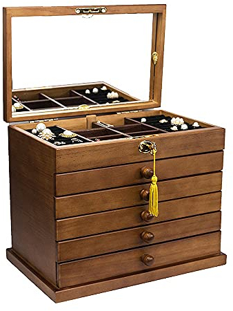 LINDAON Holzschmuckkästchen, 6-lagig, mit Spiegel und Schloss, Braun