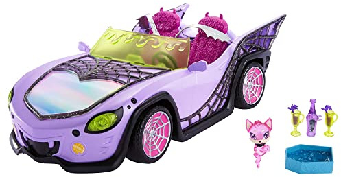 Monster High-leksaksbil, Ghoul Mobile med husdjur och iskylare, lila cabriolet med spindelnätsdetaljer, HHK63