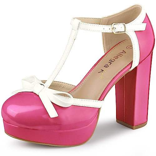 Allegra K Women's Platform Bow T Strap Chunky Heels Pumps Hot Pink 6 UK/Label Size 8 US