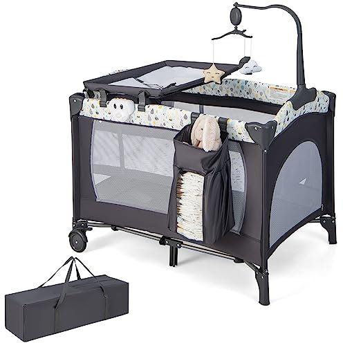 LIFEZEAL Culla 4 in 1, lettino da viaggio pieghevole con fasciatoio, carillon, giocattoli sospesi e ruote bloccabili, lettino portatile per bambini da 0 a 3 anni (beige)