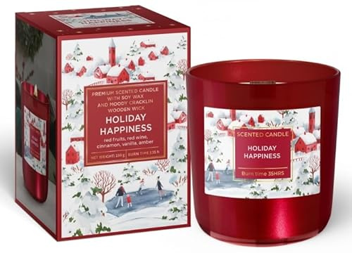 Premium doftljus med sojavax och träveke Holiday Happiness
