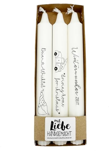 Kilala Weihnachtliche Stabkerzen, Festliche Kerzen mit Weihnachtssprüchen, Handgefertigte Dekokerzen Set, Winterwunder Zeit, Driving Home for Christmas, Hochwertiges Wachs, 3er Set