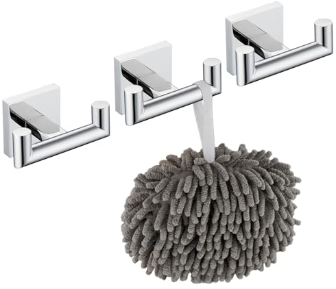 KOKOSIRI Bademantelhaken, Badezimmer, Doppelhaken, Handtuchhaken, Kleiderhaken für Bad, Küche, Wandmontage, 3 Stück, verchromter Edelstahl, B1015CH-P3