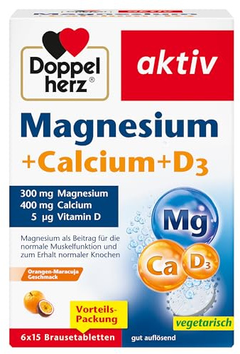 Doppelherz Magnesium + Calcium + D3 - als Beitrag für die normale Muskelfunktion und zum Erhalt normaler Knochen - 6 x 15 gut auflösende Brausetabletten mit Orangen-Maracuja-Geschmack