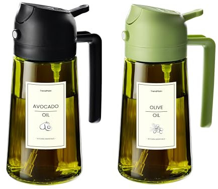 TrendPlain Spruzzino Olio per Friggitrice Aria 470ml, Dosatore Olio 2 in 1, Oliera Spray per Cucina, Insalata e Aceto, Accessori Cucina con Etichette e Protezione dalla Luce - Nero e Verde