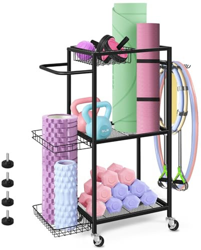 smusei Sportgeräte Ständer, 3 Stufige Yoga Matte Aufbewahrung Metall Hantelständer mit Rollen & 8 Haken, Zuhause Fitnessgeräte Wagen für Yoga Block, kugelhantel, Kettlebells usw, Schwarz