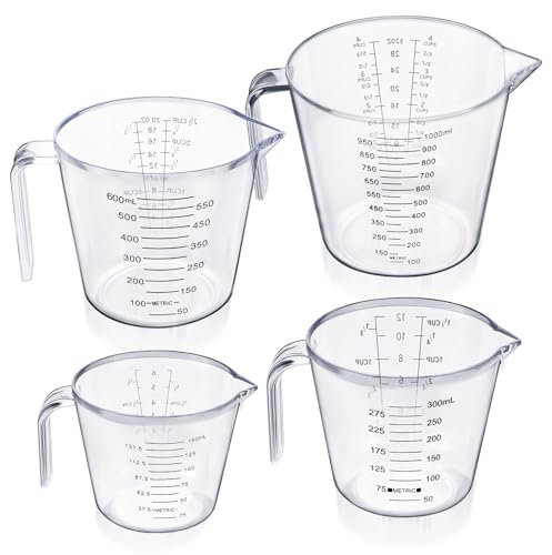 Measuring Jug Set of 4 for Kitchen, Lychico BPA Free Liquid Nesting Stackable Measuring Cups with Spout and Handle, Plastic Jugs 150ML / 300ML / 600ML / 1000ML with Ml Oz Cup Measurement