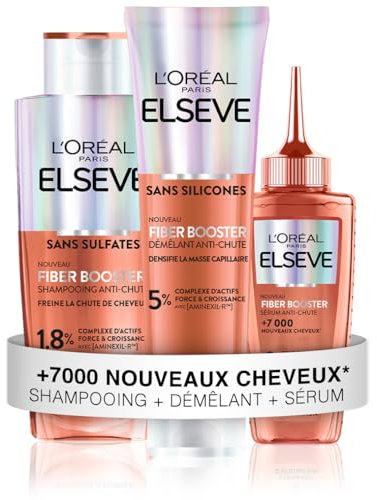 L’OREAL PARIS – Elseve Fiber Booster – Protocole Anti-Chute Cheveux - Stimule la Pousse* – Augmente la Densité Capillaire – Hommes & Femmes - Shampooing Sans Sulfates + Démêlant Sans Silicones + Sérum