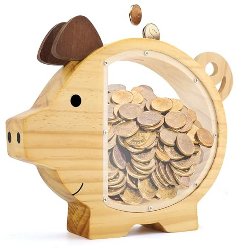 MEKOTRIN Tirelire Cochon en Bois Personnalisée Réutilisable - Tirelire Bois Transparente pour Garçons Filles Anniversaire & Décoration de la Maison