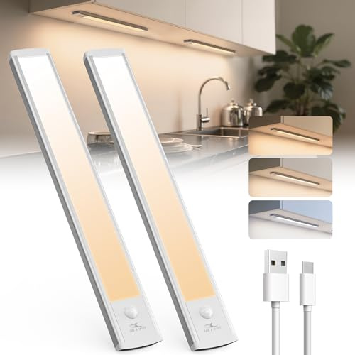 TANSOOL+ Luz LED Armario con Sensor de Movimiento, 30cm Luces LED Cocina USB Recargable Magnética, Luz Sensor Movimiento Interior con 3 Color Modos para Armario, Escalera, Cocina - 2 Piezas