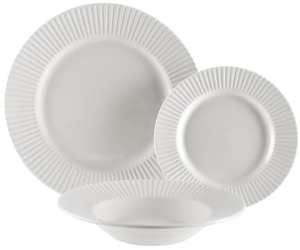 Service de Table Versa 18 pièces, Rayures en Relief, Style Moderne, 3 x 26,5 x 26,5 cm, Porcelaine, Blanc
