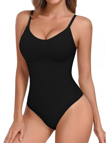 Niwicee Women Shapewear Bodysuit Tummy Control Body Shaper Seamless Sculpting Shaping Snatched Waist Body Suit Thong with Adjustable Straps(Black,XL)