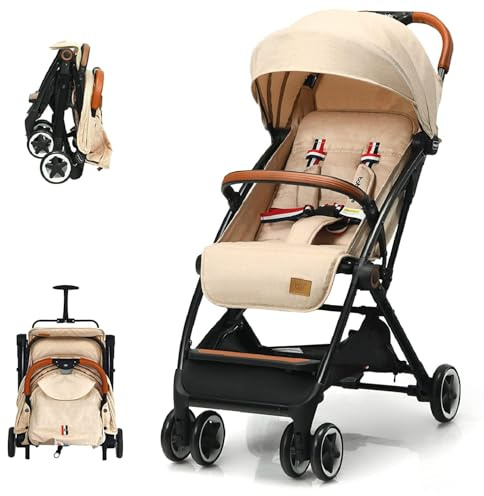 Foldable Baby Stroller, Lightweight Toddler Travel Pushchair for Airplane, Compact Infant Buggy with 5-Point Harness, Adjustable Backrest Footrest Canopy, Storage Basket (Natural)