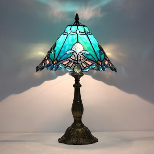 TFNTCYG Tiffany Table Lamp,sea Blue Victorian lamp,12x12x19 Inche Stained Glass Lamp,Vintage Bedside Table Light.(Baroque Style)