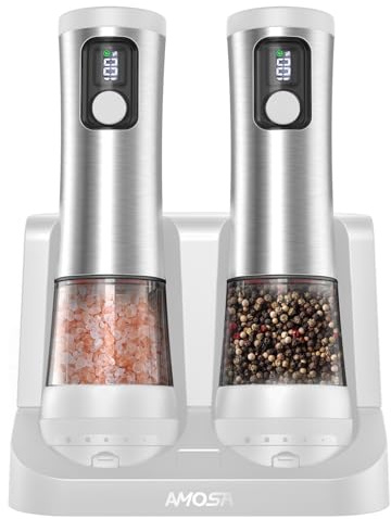 Juego de Molinillo Pimienta Electrico de Sal, con 5 Tamaños de Grano & 2 Velocidades Ajustables, Base Recargable con Pantalla de Batería, Saleros de Cocina Automática acero Inoxidable con LED, Blanco