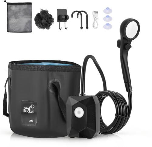 Ducha Portatil Camping Set - con Cubo Plegable 20L Luz LED y Bomba Recargable 6000mAh, Pantalla Digital, 5 Niveles de Flujo y Modos de Rociado, Ideal para Camping, Playa, Caravana, Mascotas y Jardín