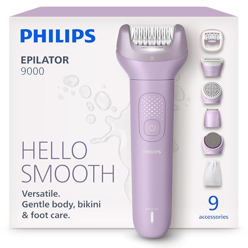 Philips Epilatore Serie 9000 - Epilatore elettrico Wet & Dry senza fili, per gambe, corpo e zona bikini, con ProGuide, 9 accessori, tra cui testina pedicure, autonomia di 60 minuti, modello BRE728/00