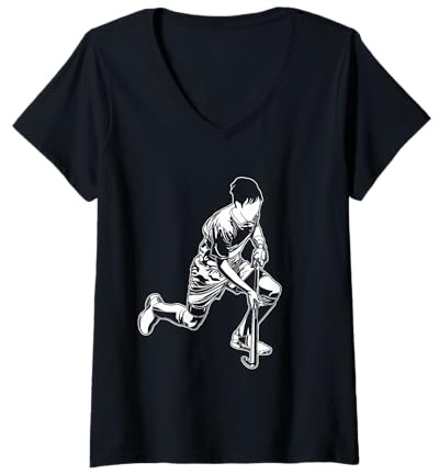 Donna Ragazzo Che Pratica Hockey su Prato Bastone da Hockey Prato Maglietta con Collo a V