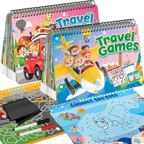 Kalysky Jeux de voyage avec 58 jeux différents, 2 ensembles d'activités réutilisables pour enfants, jouets éducatifs pour les trajets en voiture et les voyages en avion